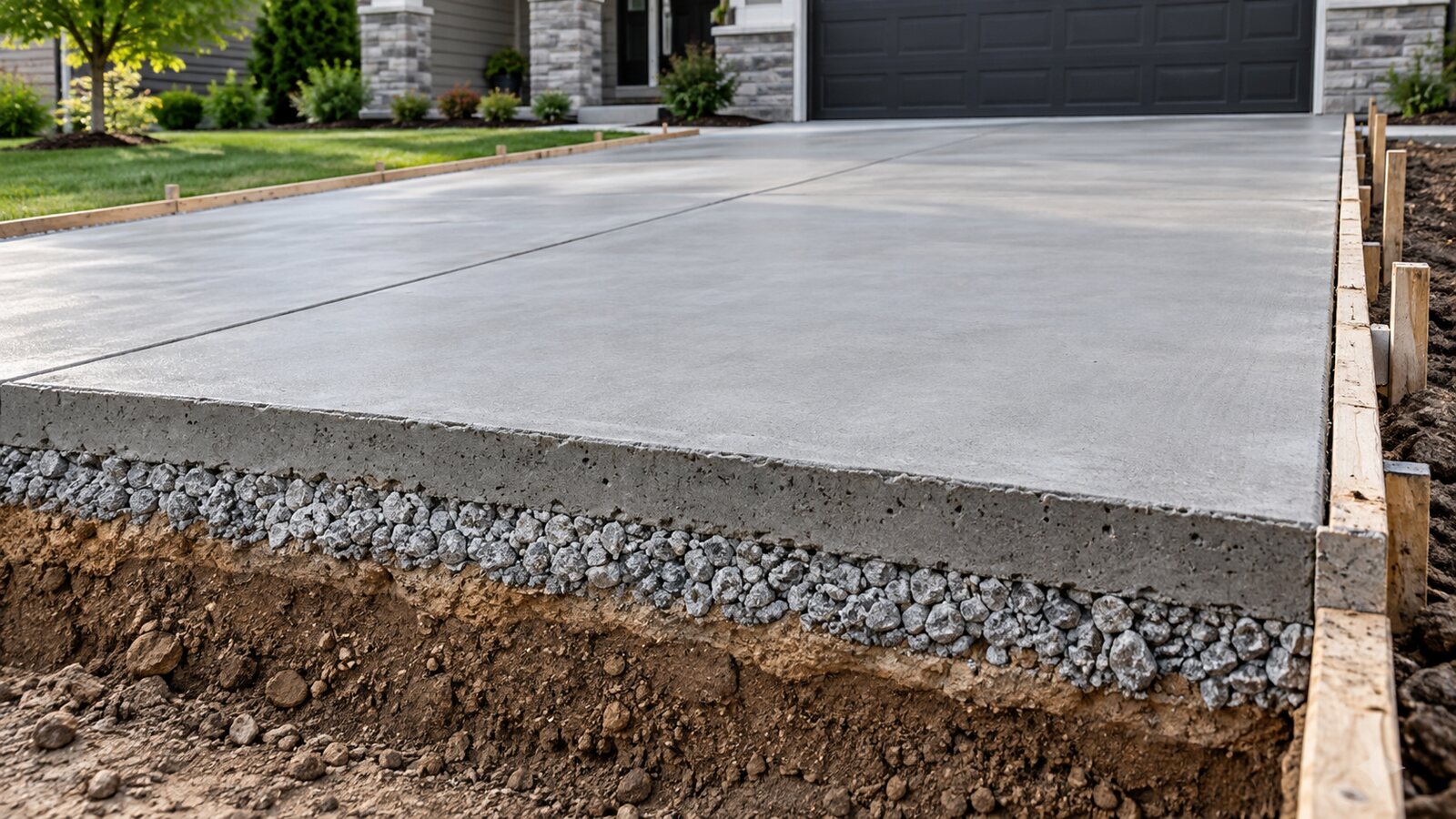 Residential concrete driveway showing slab, compacted gravel base and soil layers
