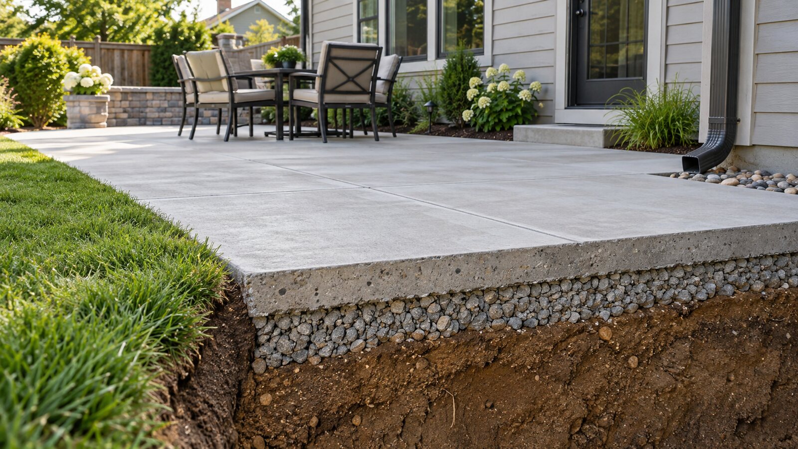 Backyard concrete patio with visible slab, compacted aggregate base and soil layers
