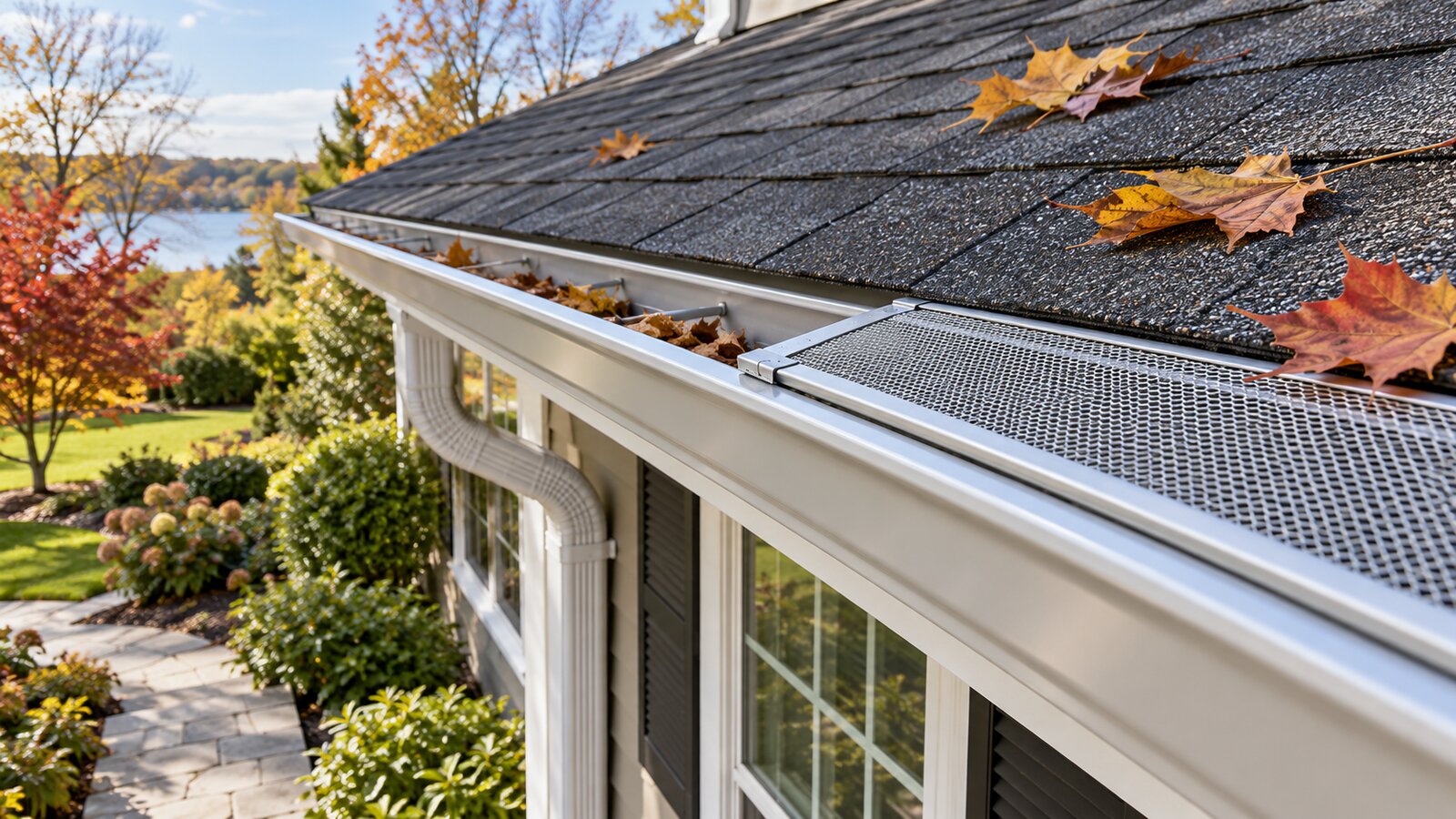 Residential roof gutter with a fitted metal mesh leaf guard and visible downspout