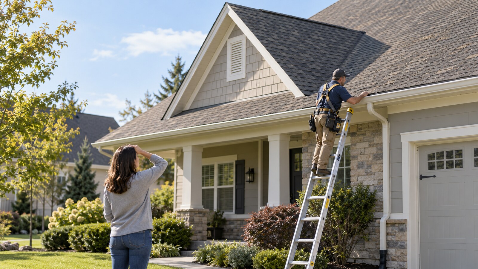 Homeowner watching a roofing professional inspect aging asphalt shingles from a secured ladder
