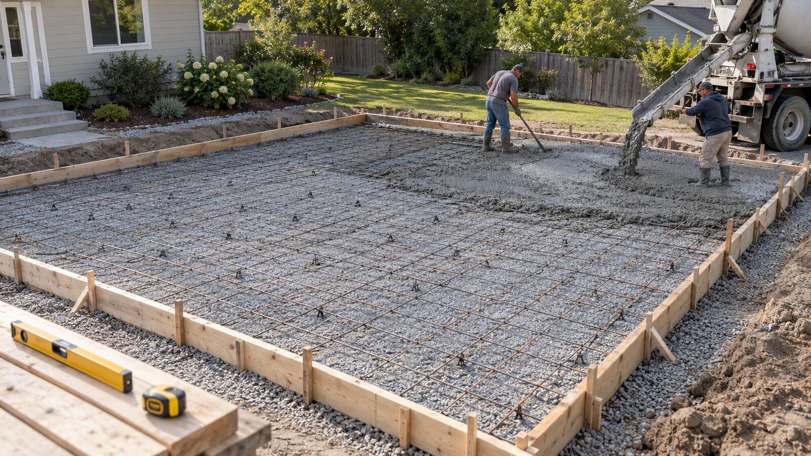 Large square residential slab prepared with forms, aggregate base and reinforcement for ready-mix concrete