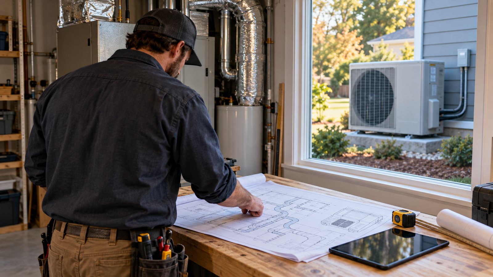 HVAC technician reviewing an outdoor heat pump and house details before equipment sizing