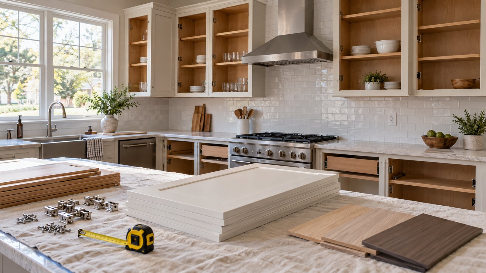 Kitchen with existing cabinet boxes and neatly stacked new doors, veneer samples and hardware