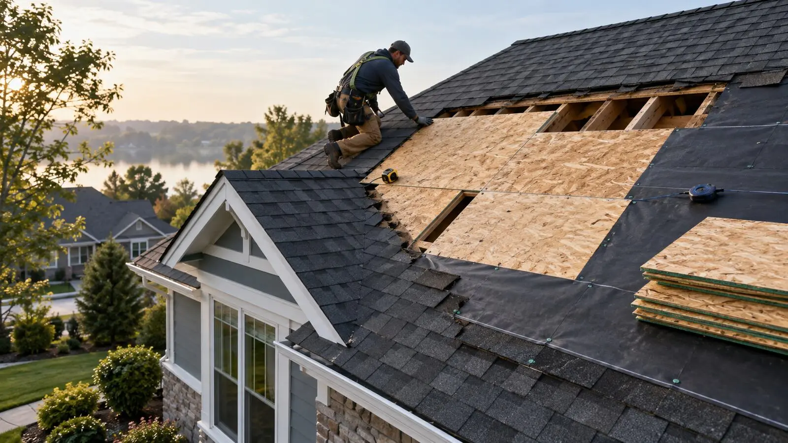 Roofer inspecting exposed roof decking panels during a residential roof replacement