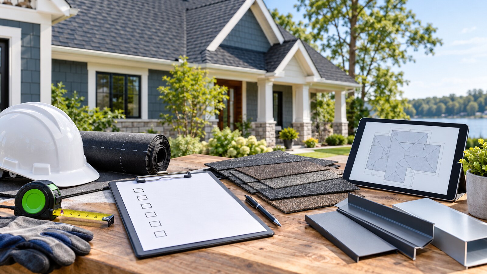 Roofing checklist, shingle samples, underlayment, flashing and safety helmet outside a house