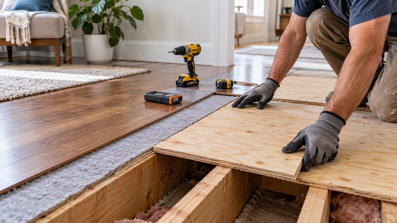 Contractor fitting a plywood subfloor panel beside removed finished flooring in a home