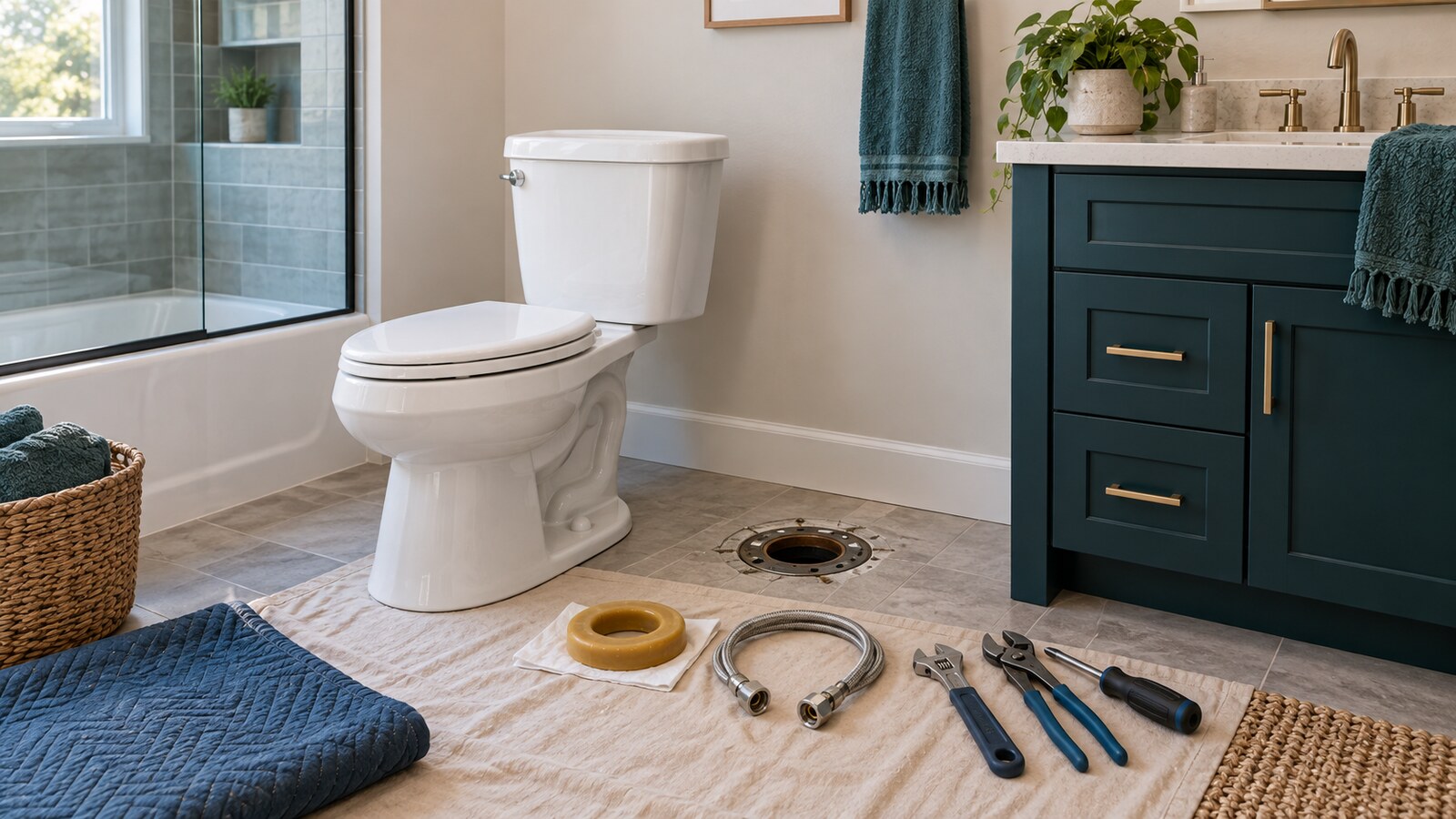 New unbranded toilet, wax ring, supply line and plumbing tools prepared for bathroom installation