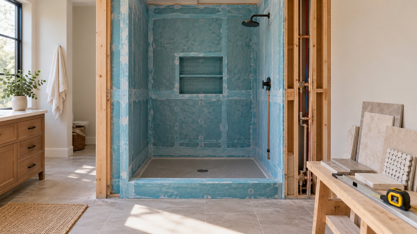 Walk-in shower renovation with waterproofing, plumbing rough-in, tile samples and measuring tools