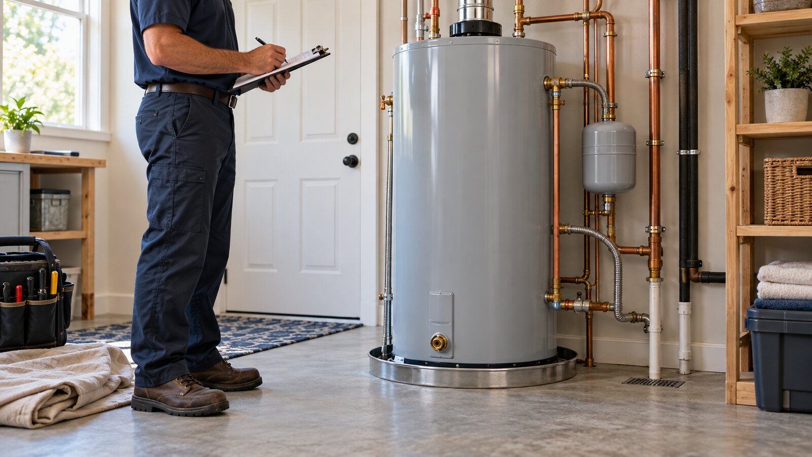 Plumbing professional inspecting a newly installed residential storage water heater and its connections