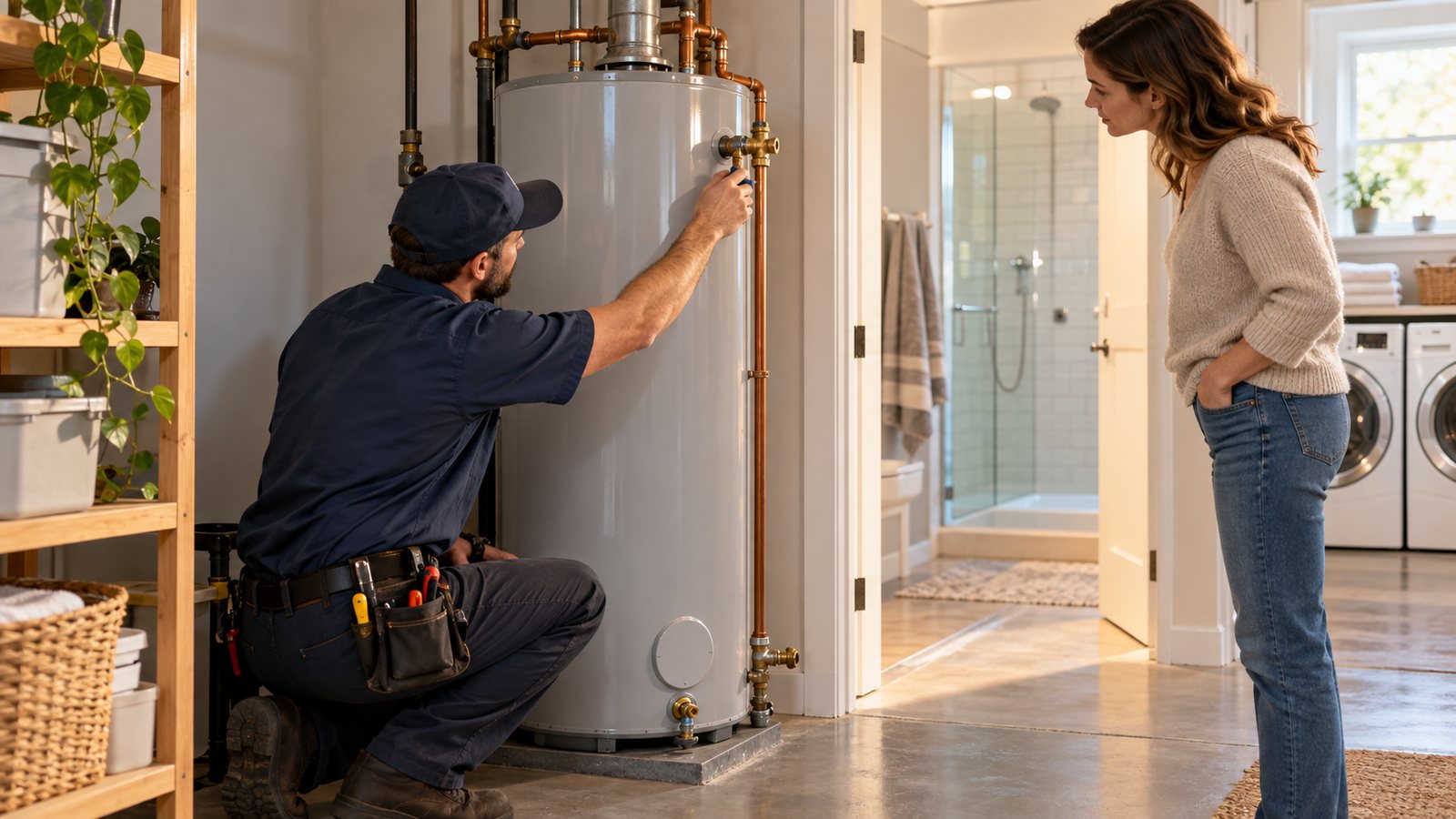 Plumber inspecting a residential water heater while a homeowner considers household hot-water needs