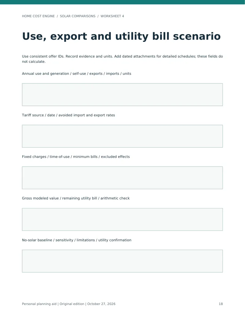 Actual PDF page: Reusable utility-bill scenario worksheet