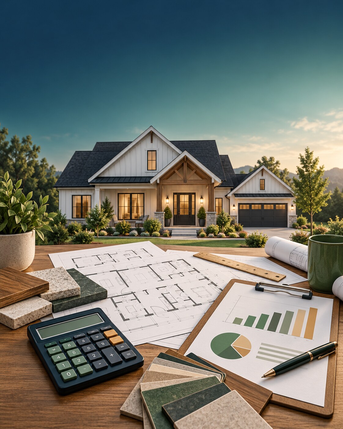 Modern American home with architectural plans, calculator, ruler and renovation budget chart